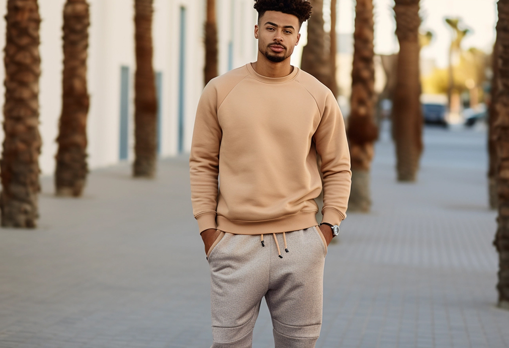 Confident man wearing beige sweatshirt and gray joggers in stylish athleisure outfit with palm trees in background