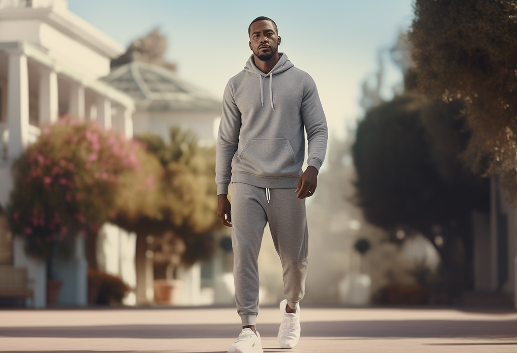 Stylish man wearing gray hoodie and joggers in minimalist athleisure outfit walking confidently outdoors