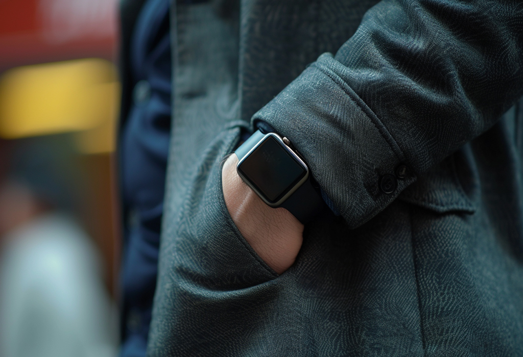Close-up of man wearing black smartwatch with hand in pocket, dressed in dark textured coat