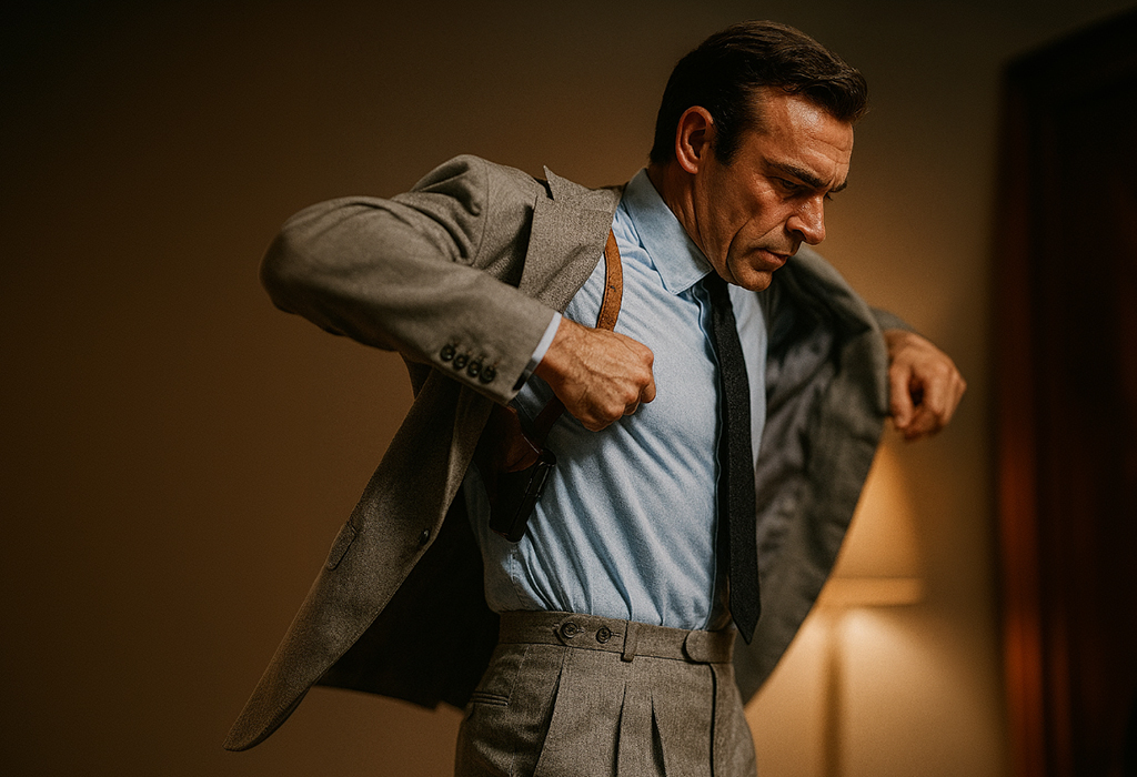 Sean Connery as James Bond adjusting his grey suit jacket over a shoulder holster and blue dress shirt with dark tie