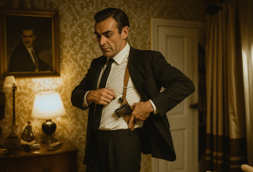 Sean Connery as James Bond wearing a black suit and shoulder holster, placing a pistol under his jacket in a vintage room