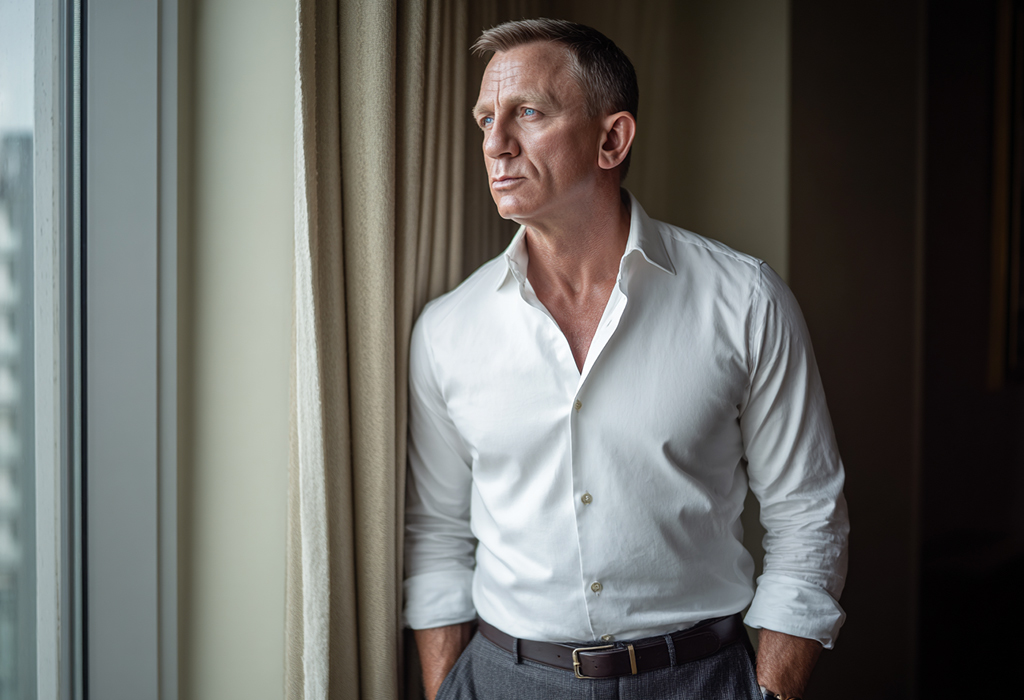 Daniel Craig in a beige linen suit and light blue shirt standing confidently against a sunlit rustic wall as James Bond