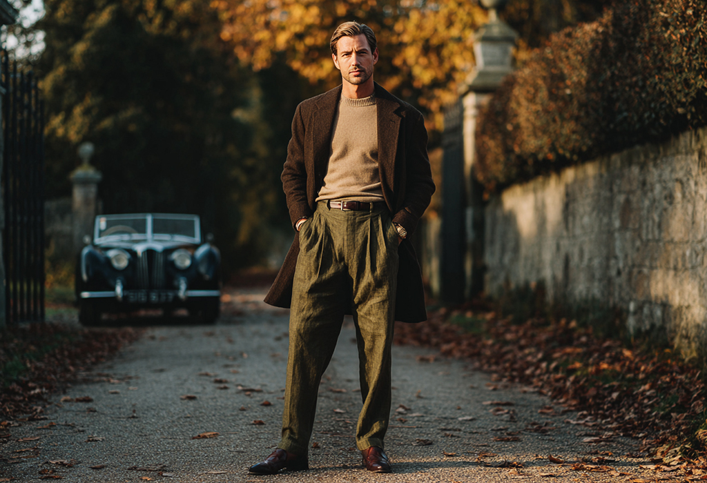 Stylish man in fall attire standing confidently on a tree-lined road, wearing pleated linen trousers, a brown coat, and leather shoes, with a vintage car in the background
