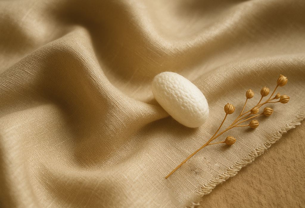 Silk-linen blend fabric with a silk cocoon and dried flax on top, showing natural texture and warm tones