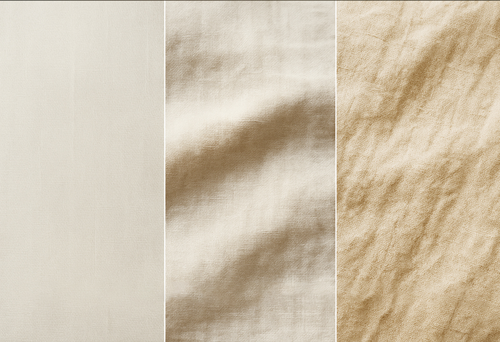 Side-by-side close-ups of linen fabric aging over time—from crisp and smooth to soft and richly textured