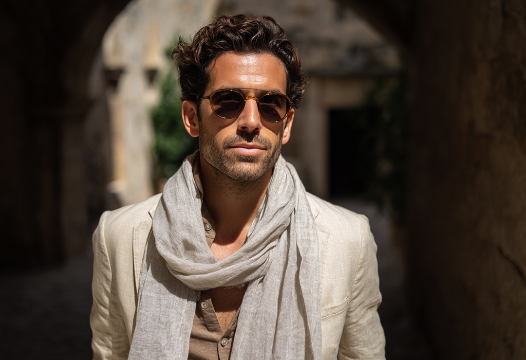 Stylish man wearing sunglasses and a light linen scarf over a beige blazer in a sunlit summer settin