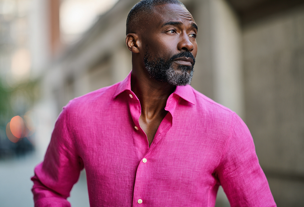 Man wearing a bright pink linen shirt, looking confidently to the side.