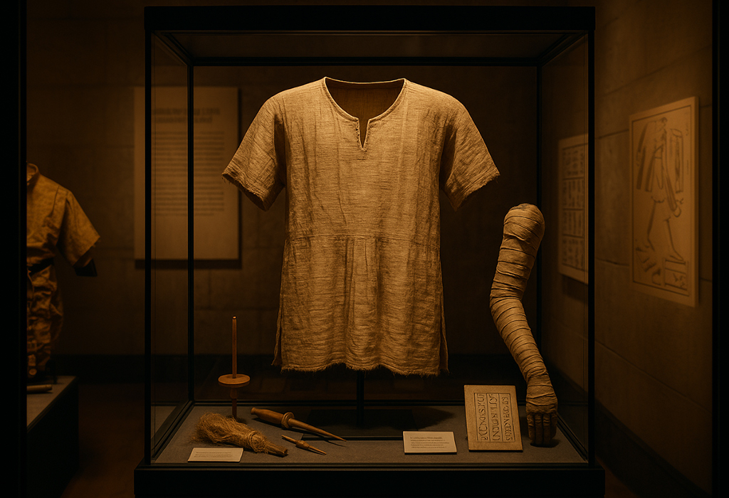 Ancient Egyptian linen tunic displayed in a museum glass case, alongside a mummified arm, weaving tools, flax fibers, and hieroglyphic tablets, under warm focused lighting