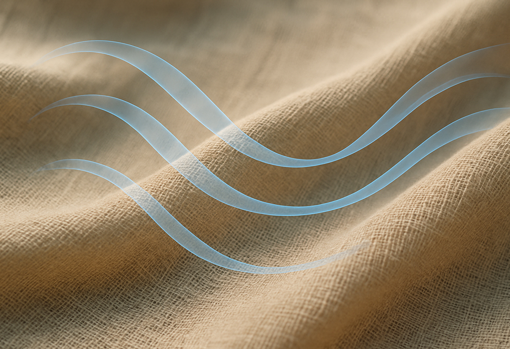 Close-up of beige linen fabric with visible weave texture, overlaid with semi-transparent, wavy blue lines representing airflow and breathability