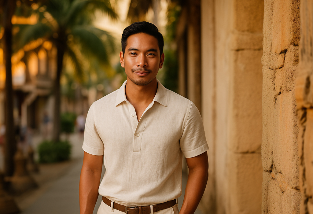 man in his early 30s wearing a short-sleeved ivory linen polo shirt and beige trousers