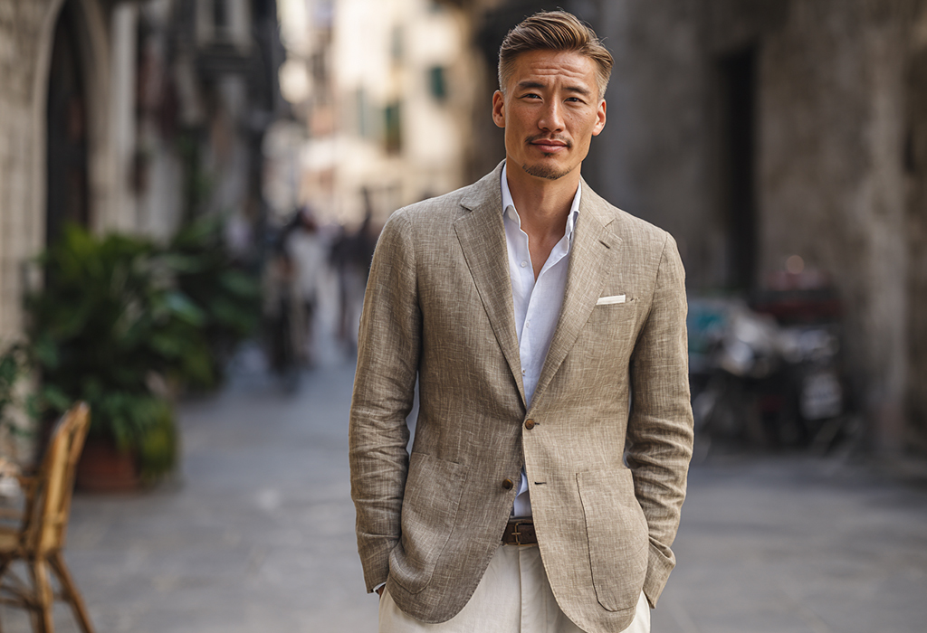 man wearing a tan linen blazer over a white dress shirt, standing confidently in a narrow European street with a relaxed, elegant posture