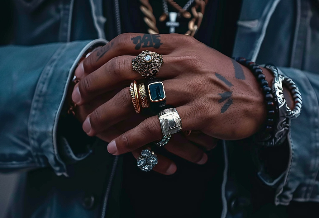 Close-up of man's hands adorned with multiple rings, bracelets, and tattoos—showcasing excessive accessories and bold street style