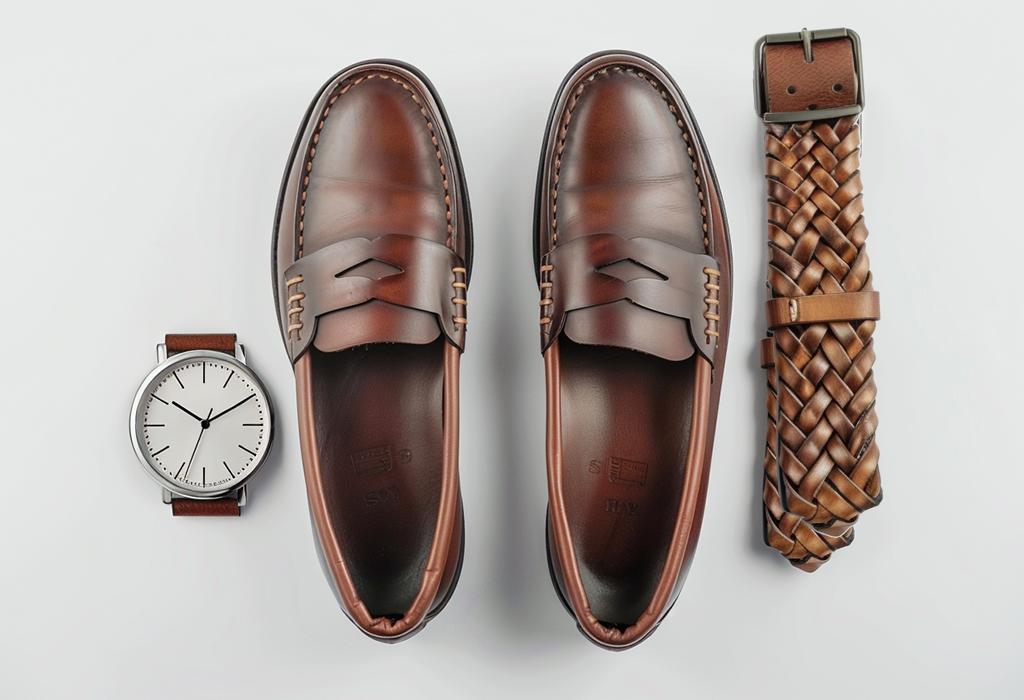 Flat lay of brown leather loafers, braided belt, and minimalist wristwatch with brown leather strap—classic men’s accessory set
