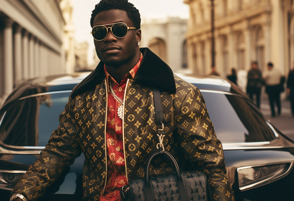Stylish man wearing luxury logo-pattern jacket and sunglasses, holding designer bag in front of black car on city street