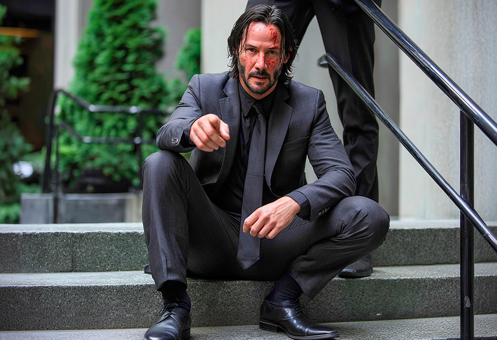 John Wick in black suit with blood on face sitting on city stairs, looking worn but alert