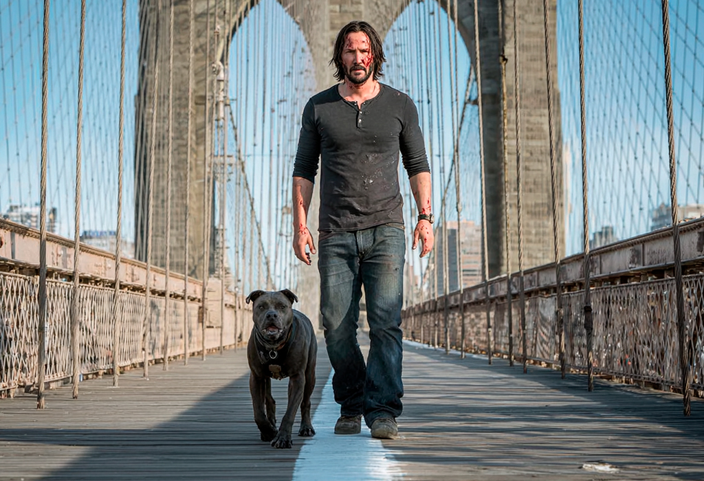 John Wick in black henley shirt and jeans walking a dog across a suspension bridge with a determined look