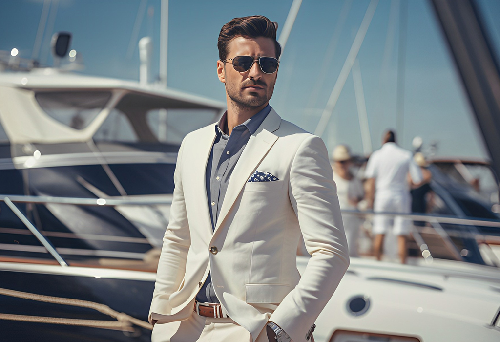 old money style dressed guy with yacht in background