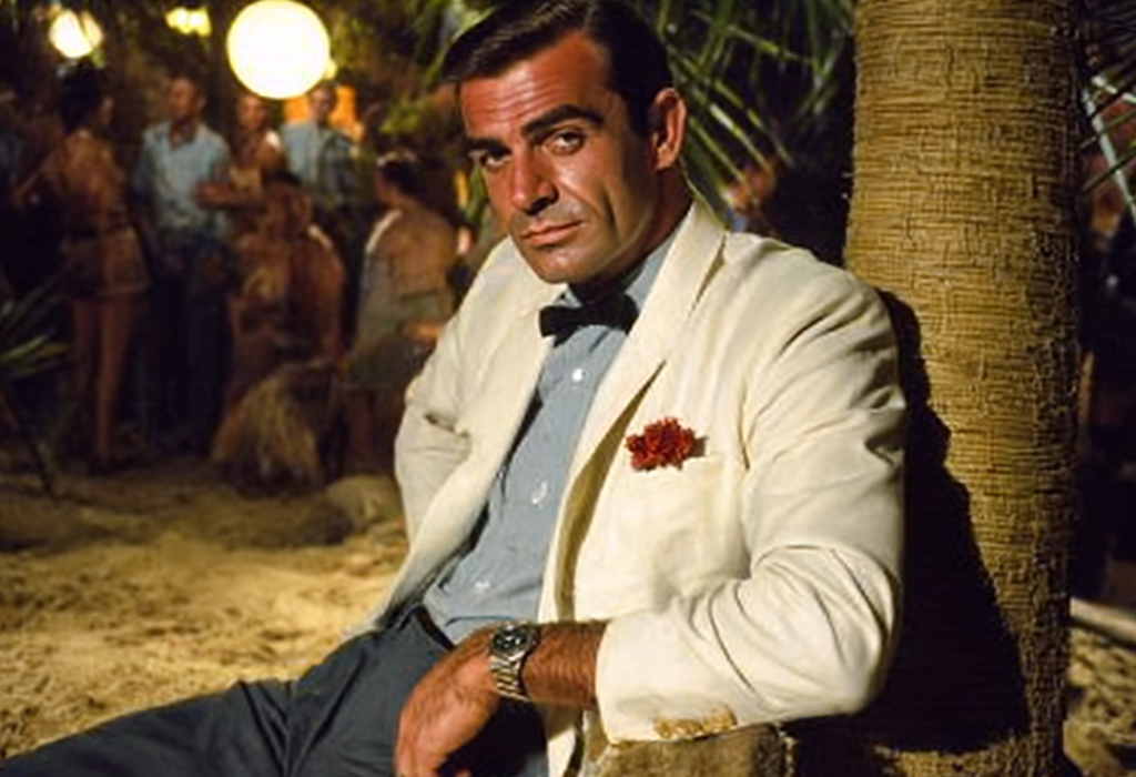 Sean Connery wearing a Rolex Submariner as James Bond in a tropical scene from Dr. No, showcasing classic 007 style with a white dinner jacket and black bow tie