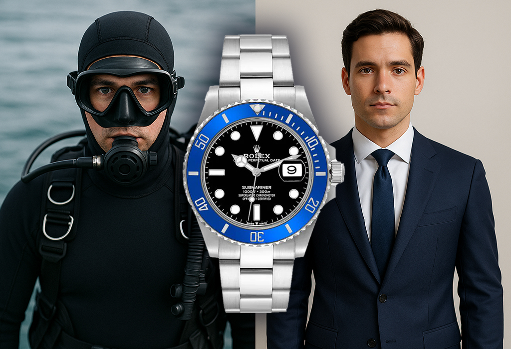Rolex Submariner showcased between a professional diver and a businessman, symbolizing the watch’s versatility from underwater performance to refined elegance