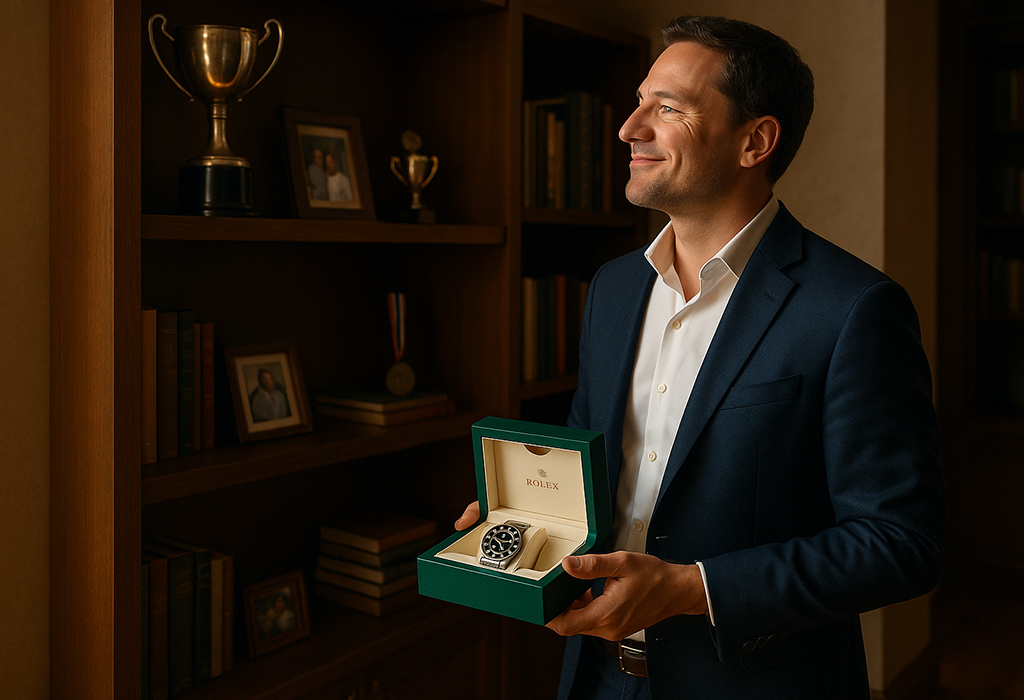 Man in suit smiling while holding a Rolex Submariner in its green box, symbolizing a milestone achievement and luxury reward