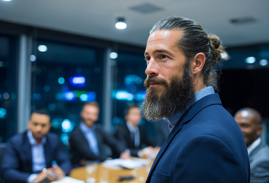 Bearded man with tied-back hair in a suit at a conference room, confidently standing during a business meeting.
