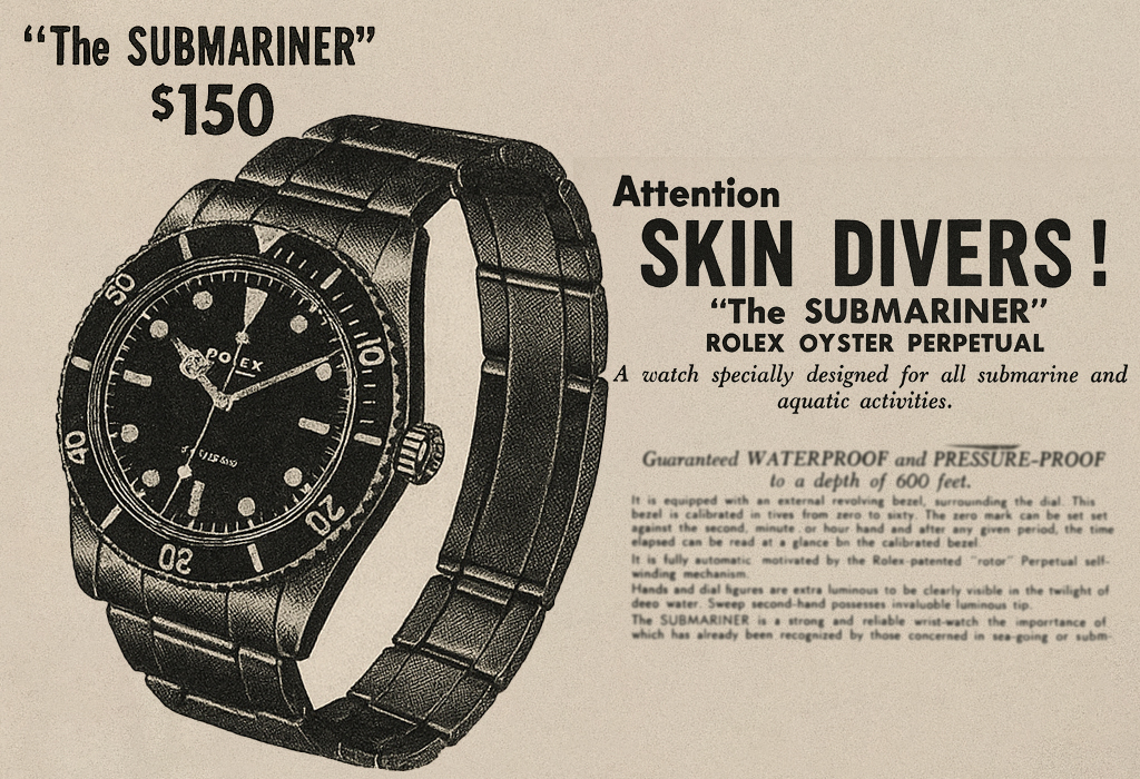 Vintage Rolex Submariner advertisement featuring the $150 Oyster Perpetual dive watch, designed for skin divers with waterproof depth rating of 600 feet