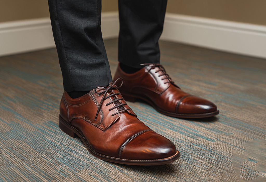 wearing brown shoes with black trousers