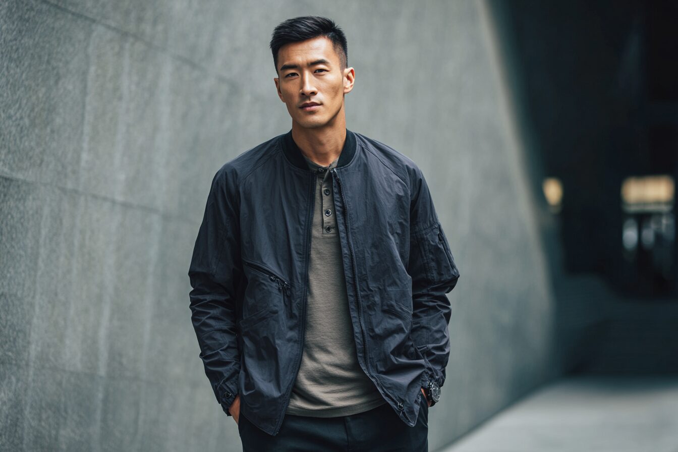 Asian man in a lightweight windbreaker and henley in an urban setting
