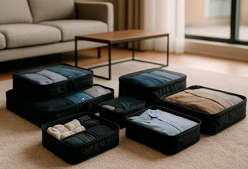 Packing cubes with folded clothes on carpet in a modern living room