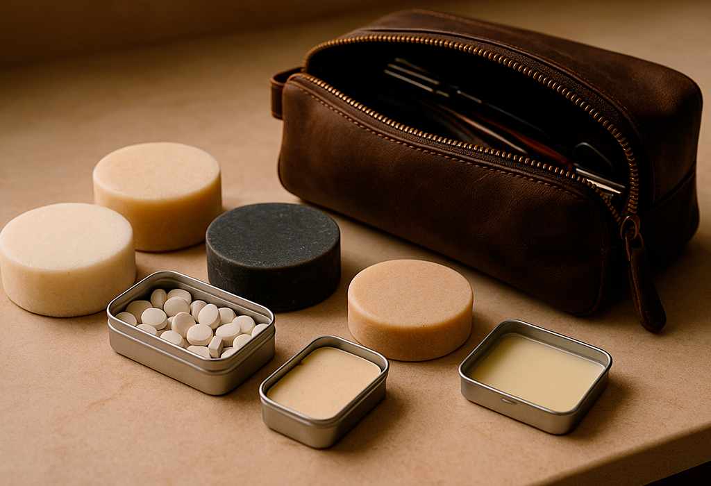 Solid grooming products and dopp kit on a bathroom counter