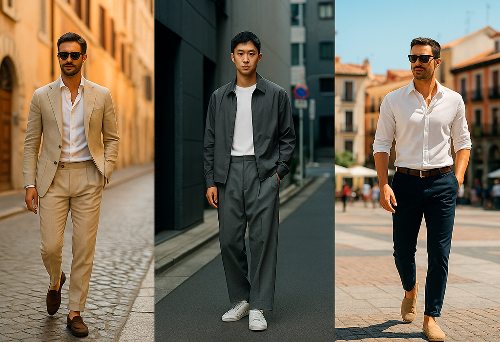 stylish men in Italy, Japan, and Spain showcasing tailored, minimalist, and crisp casual outfits