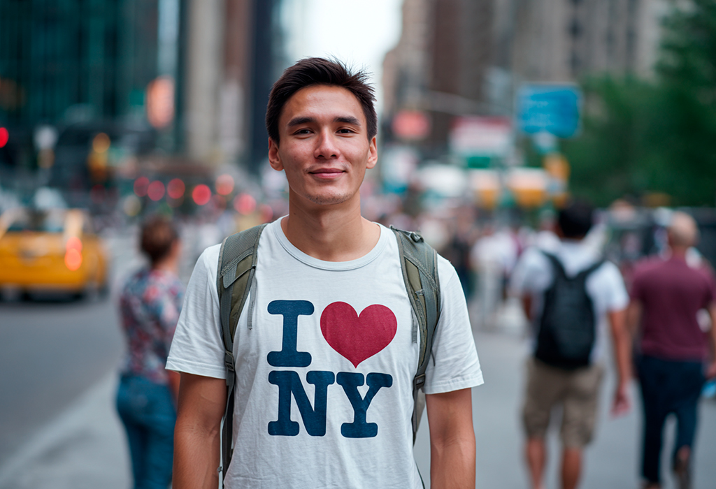 Young man wearing an 'I ?? NY' t-shirt and backpack standing on a busy New York City street