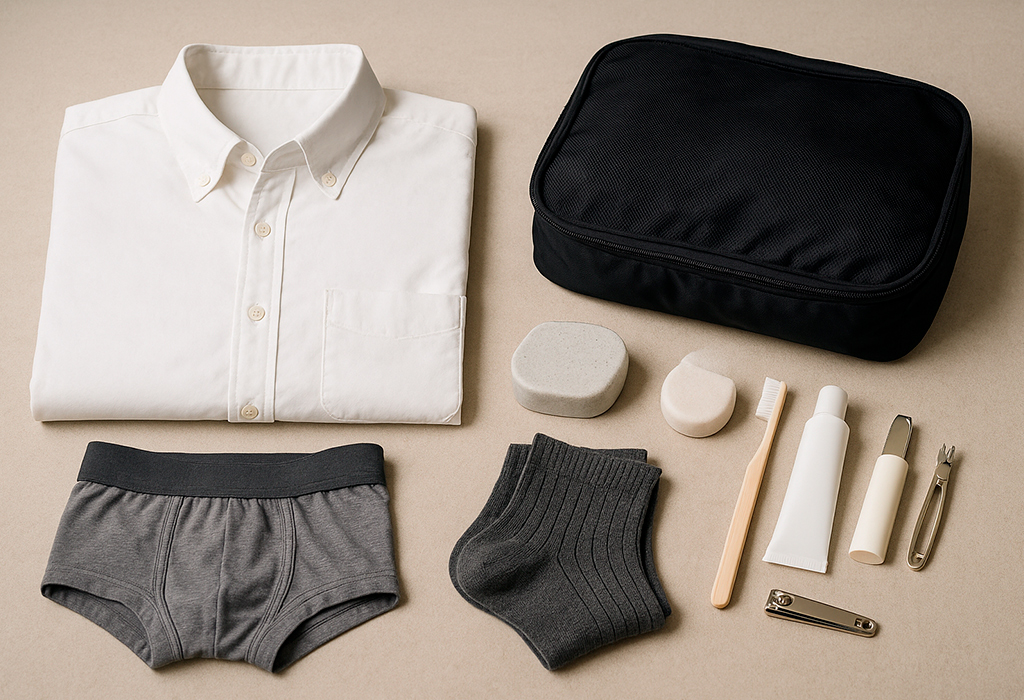 Folded shirt, underwear, socks, grooming items