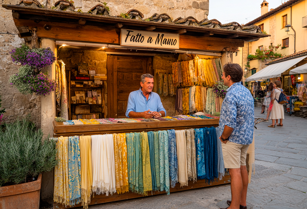 Florence market stall selling handmade scarves on a cobblestone street