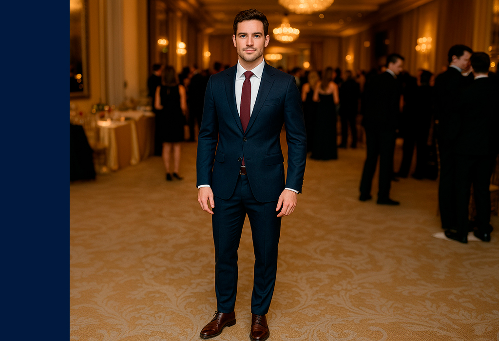 Man in a navy suit with a burgundy tie at a formal event