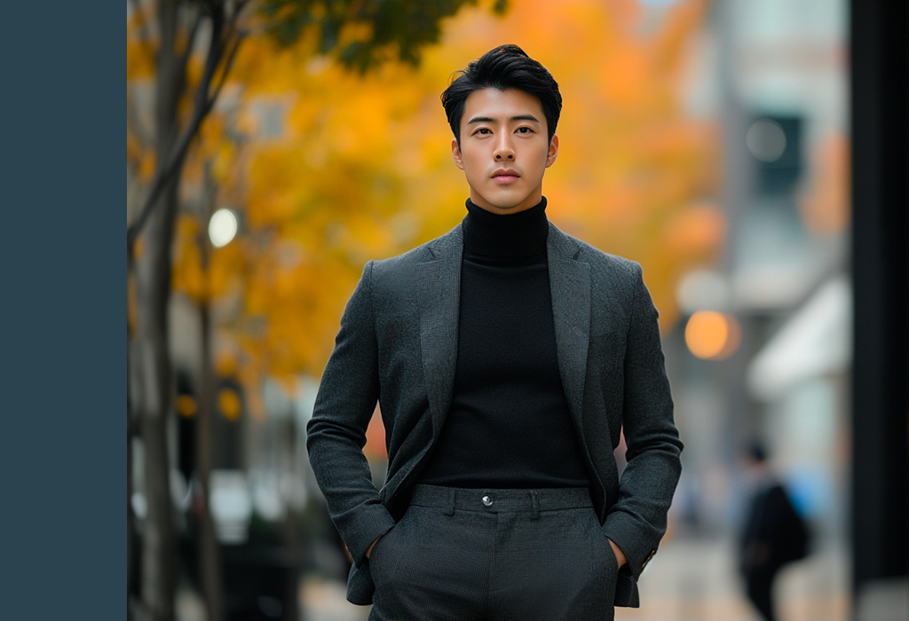 Man wearing a charcoal suit with black turtleneck in an urban autumn setting