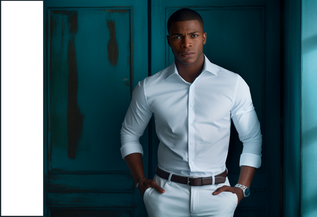 Man in a crisp white dress shirt and white trousers standing confidently indoors