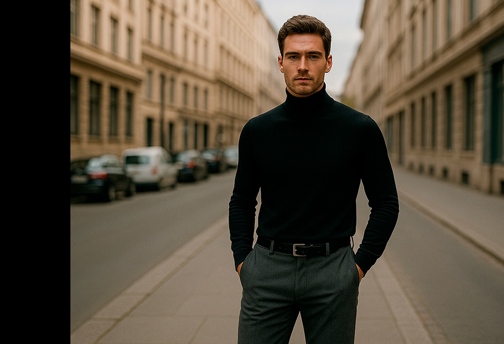 Man in a black turtleneck and gray trousers standing confidently on a city street