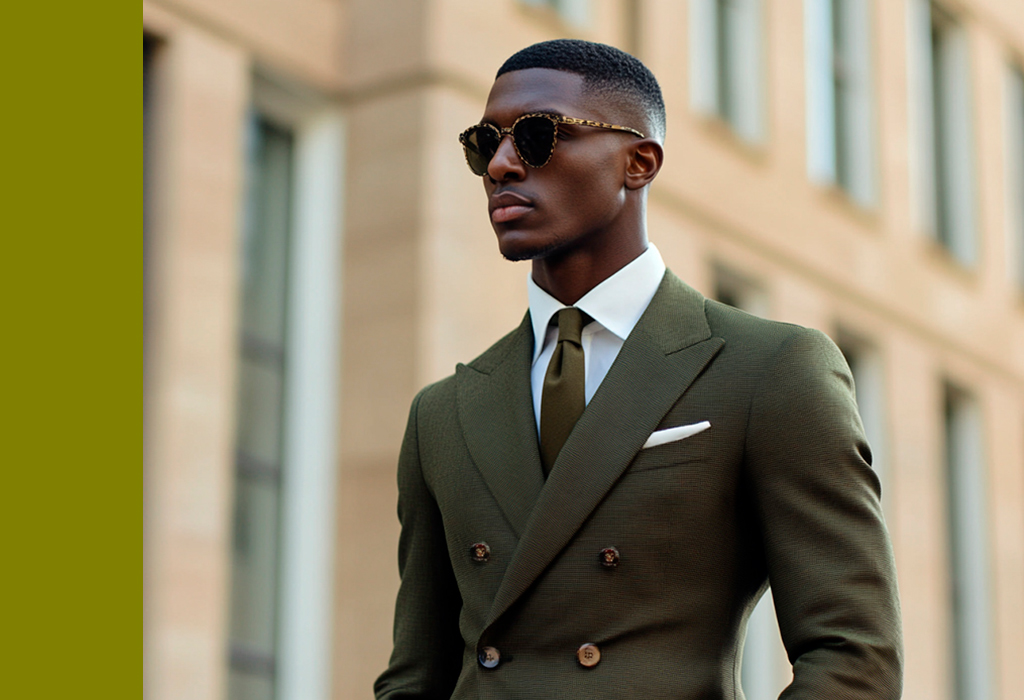 Man wearing a double-breasted olive green suit with sunglasses, standing in front of a modern building