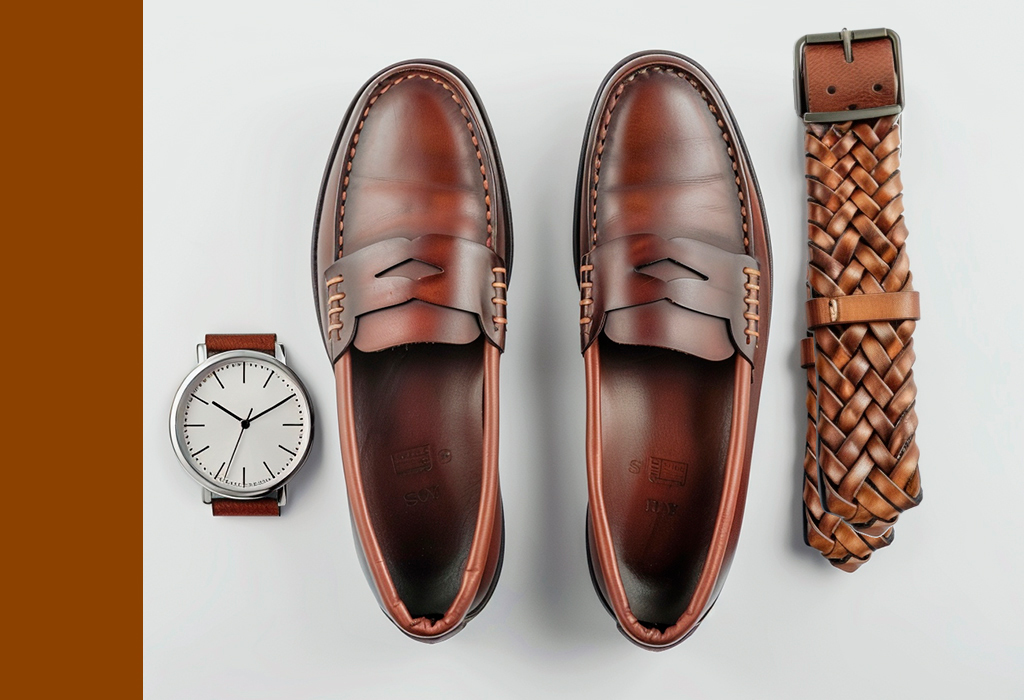 Flat lay of brown leather loafers, braided belt, and watch with a brown leather strap