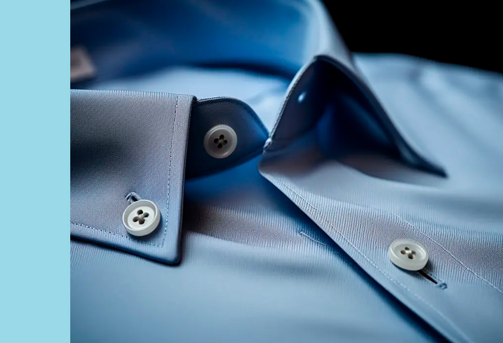 Close-up of a neatly folded light blue dress shirt showing collar and buttons