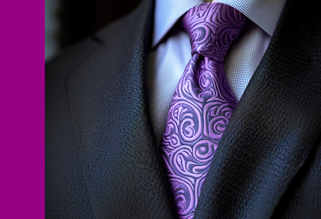 Close-up of an ornate purple tie worn with a dark suit and checkered shirt