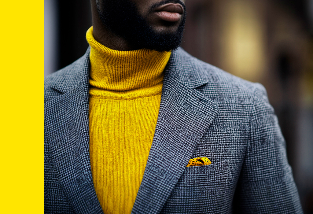 Man wearing a bright yellow turtleneck and matching pocket square under a gray check blazer
