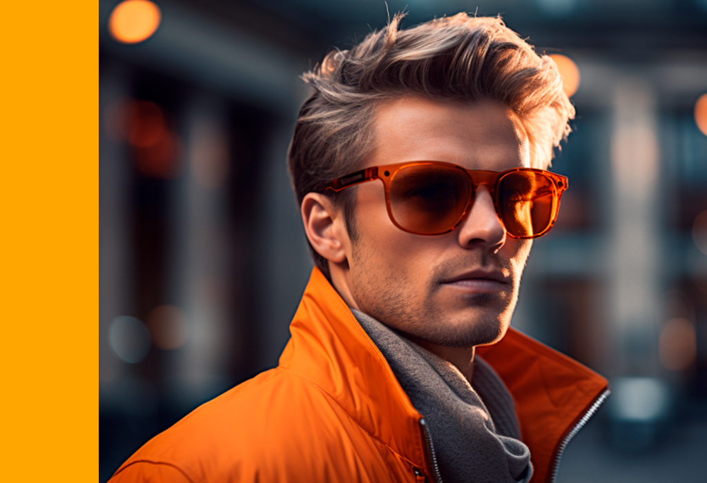 Man wearing an orange jacket and matching sunglasses outdoors