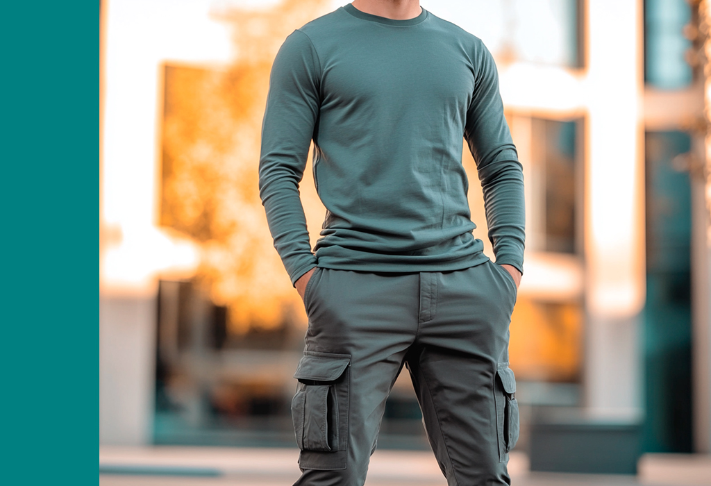 Man dressed in a fitted teal long-sleeve shirt and cargo pants