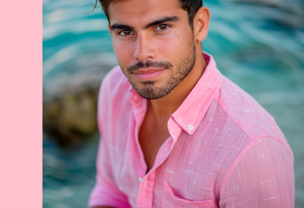 Man in a pink linen shirt posing near turquoise water