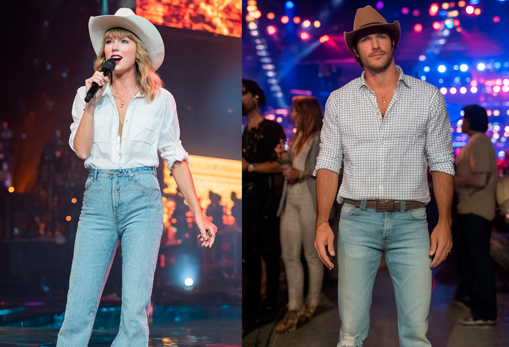 Taylor Swift wears a white shirt, jeans, and cowboy hat; the man matches with denim and a checkered shirt.