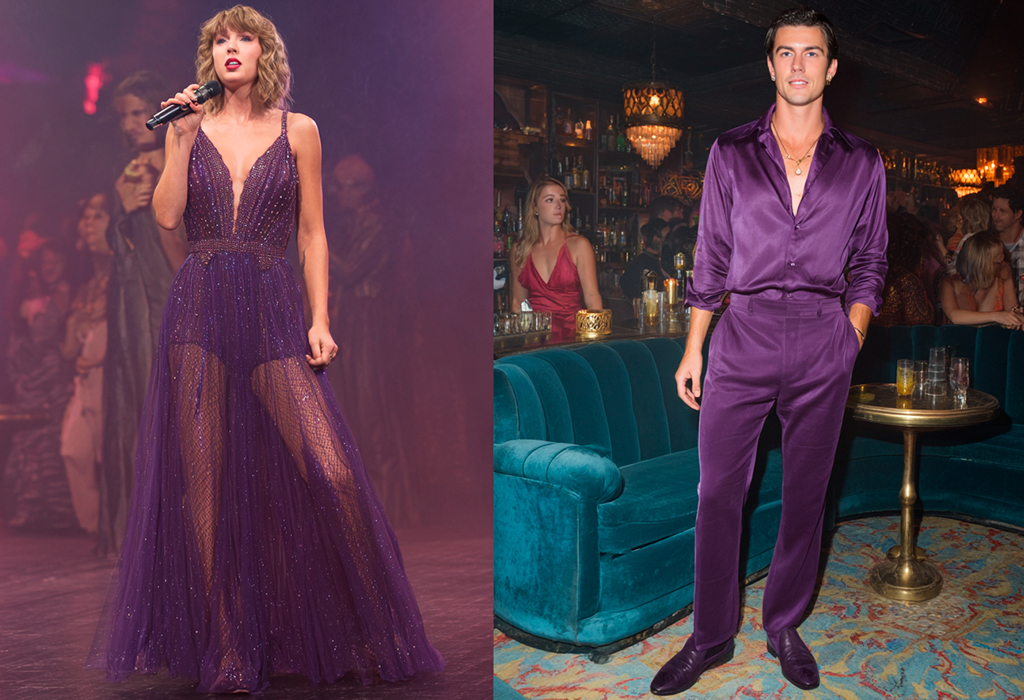 Taylor Swift stuns in a purple gown; the man wears a deep purple silk set.