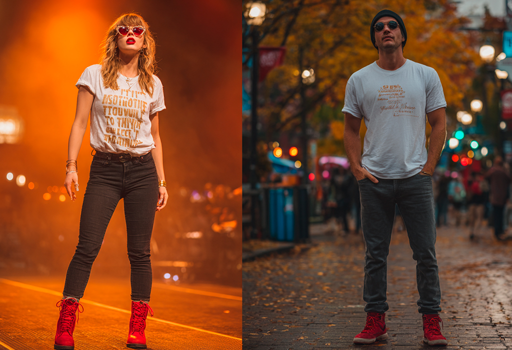 Taylor Swift rocks a tee, black jeans, and red boots; the man pairs a graphic tee with red boots.