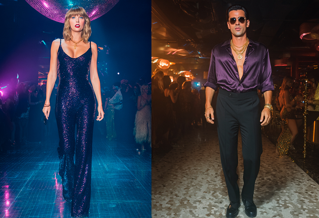 Taylor Swift dazzles in a navy sequin jumpsuit; the man wears a purple silk shirt and gold chains.